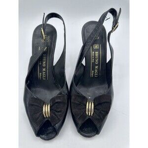 VTG Bruno Magli Women Black Peep-toe Slingback Heel Gold Accents Sz 6.5